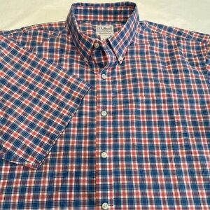 L.L. Bean Shirt Red and Blue Plaid Short Sleeve Button Up Cotton Men’s XL Tall